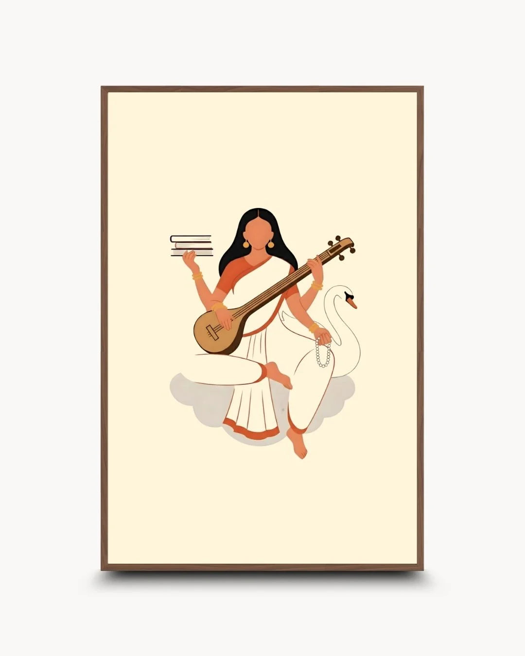 Sophisticated Saraswati divine art in a Walnut Wood frame. High-contrast modern spiritual decor for premium home libraries and creative studios.
