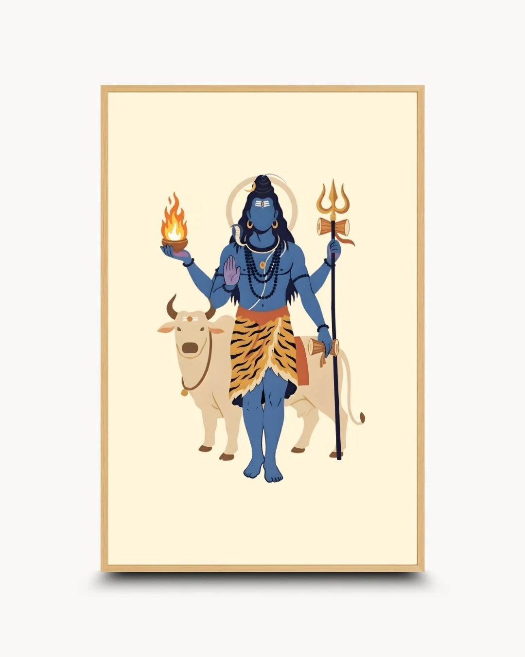 Lord Shiva and Nandi flat illustration in a natural Maple Wood frame. Organic modern spiritual wall art for contemporary Indian homes.