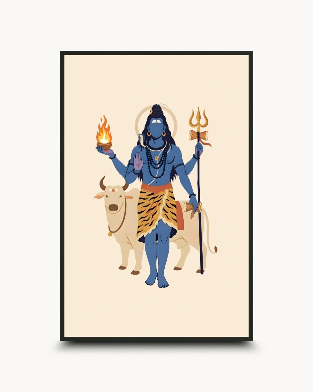 A framed art print featuring a stylized illustration of Lord Shiva standing on a white bull, with a black frame and a light gray background.
