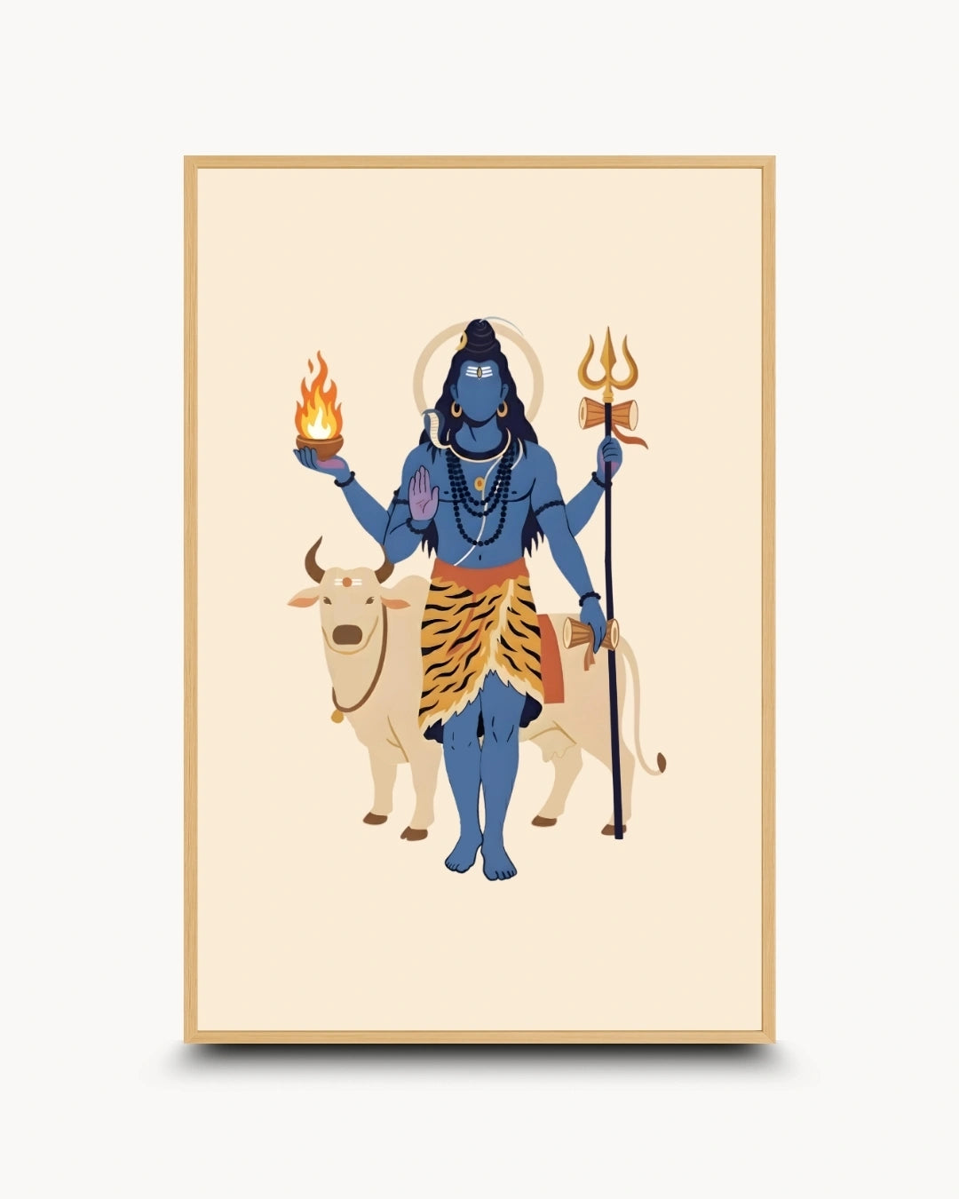 A vertical art print featuring a stylized illustration of Lord Shiva standing on a white bull, holding a flaming torch in one hand and a trident in the other, set against a cream background with a white border.