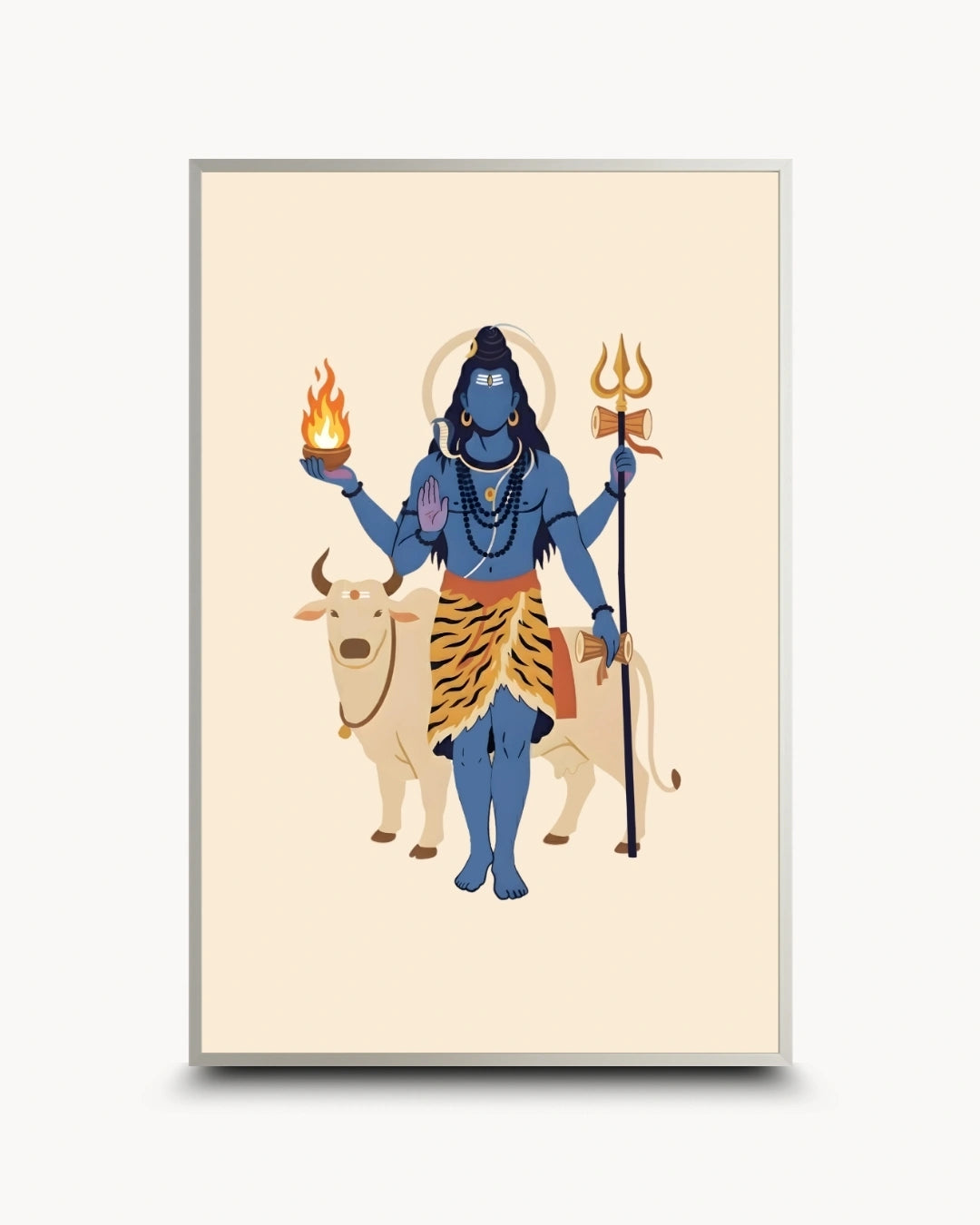 A vertical framed art print featuring a stylized illustration of Lord Shiva standing with a white bull, holding a flaming mace and a trident, on a cream background with a thin gold frame.
