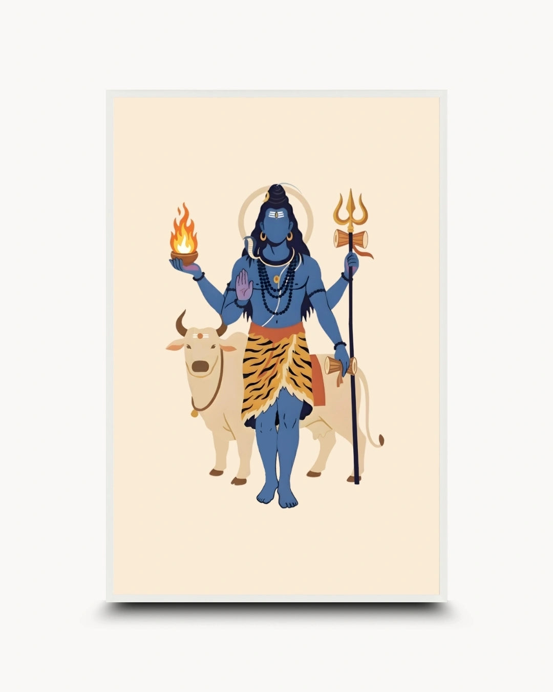 A vertical art print featuring a stylized illustration of Lord Shiva standing on a white bull, holding a flaming torch in one hand and a trident in the other, set against a cream background with a white border.