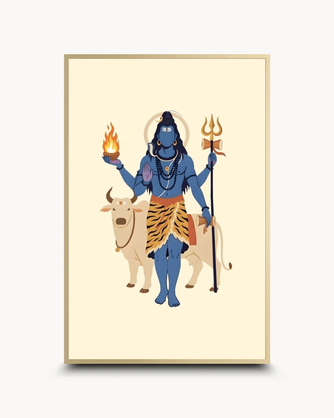 Elegant minimalist Lord Shiva silhouette in a Satin Gold frame. Premium contemporary Hindu wall art for a high-end spiritual aesthetic.