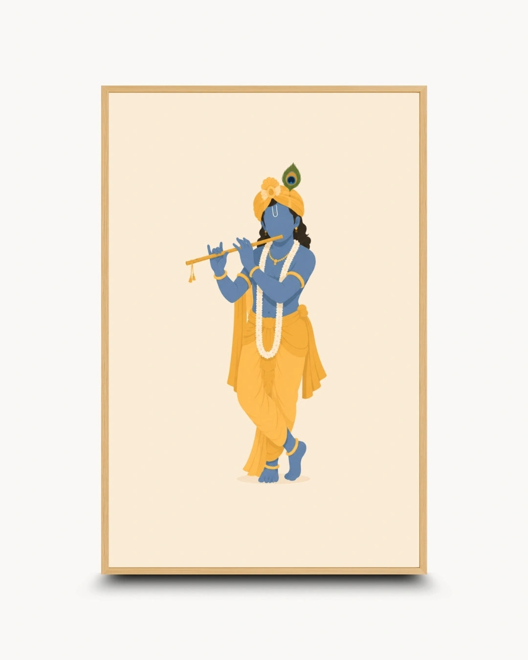 A framed art print featuring a stylized illustration of ISKCON Krishna playing a flute, set against a warm cream background with a light wood frame.