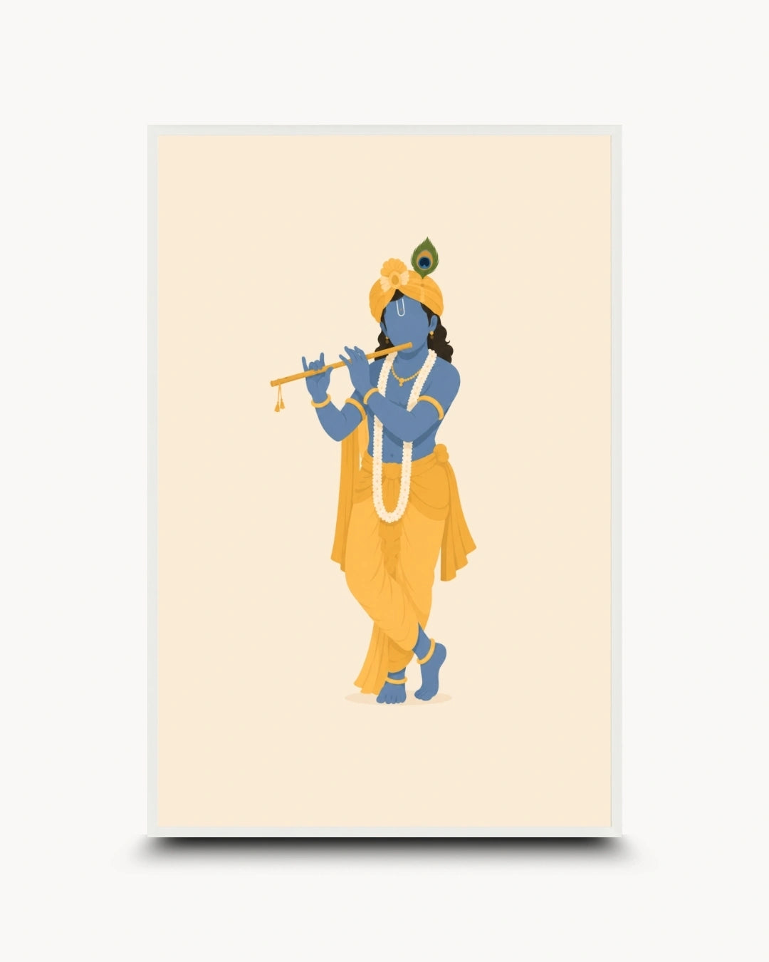 A vertical art print featuring a stylized illustration of the Hindu deity ISKCON Krishna playing a flute, set against a warm cream background with a subtle drop shadow.