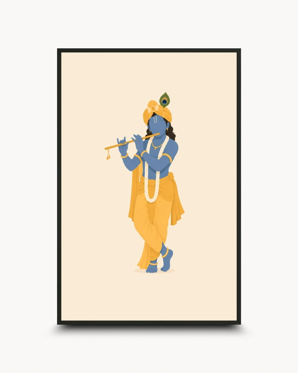 A framed art print featuring a stylized illustration of ISKCON Krishna playing a flute, set against a light cream background with a black frame.