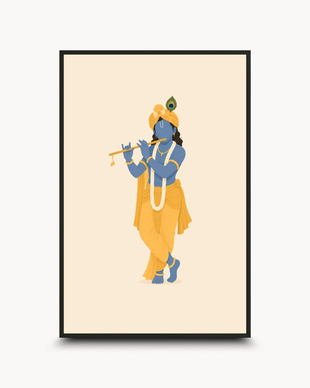 A framed art print featuring a stylized illustration of ISKCON Krishna playing a flute, set against a light cream background with a black frame.
