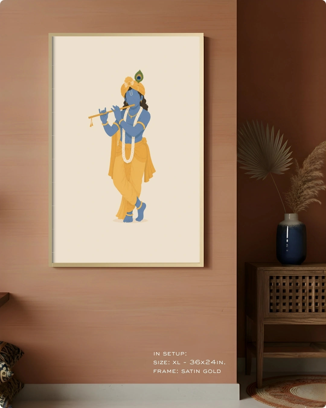 Visual size guide mockup for the ISKCON Krishna wall art in Extra Large size with a satin gold frame displayed against a warm terracotta accent wall.
