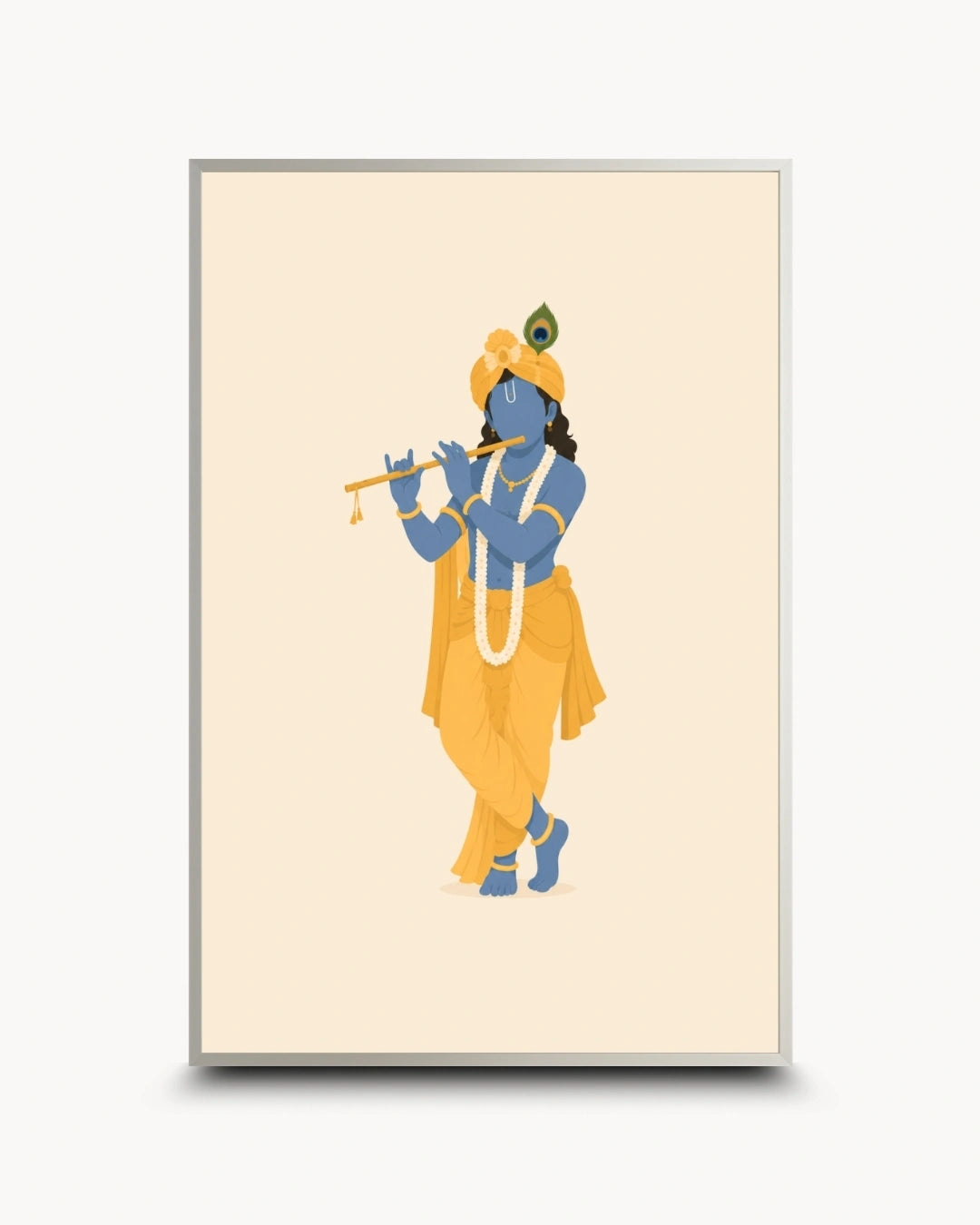 A framed art print featuring a stylized illustration of ISKCON Krishna playing a flute, set against a cream background with a light gray frame.