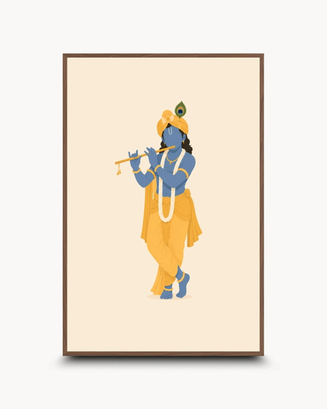 A framed art print featuring a stylized illustration of ISKCON Krishna playing a flute, set against a light cream background with a brown frame.