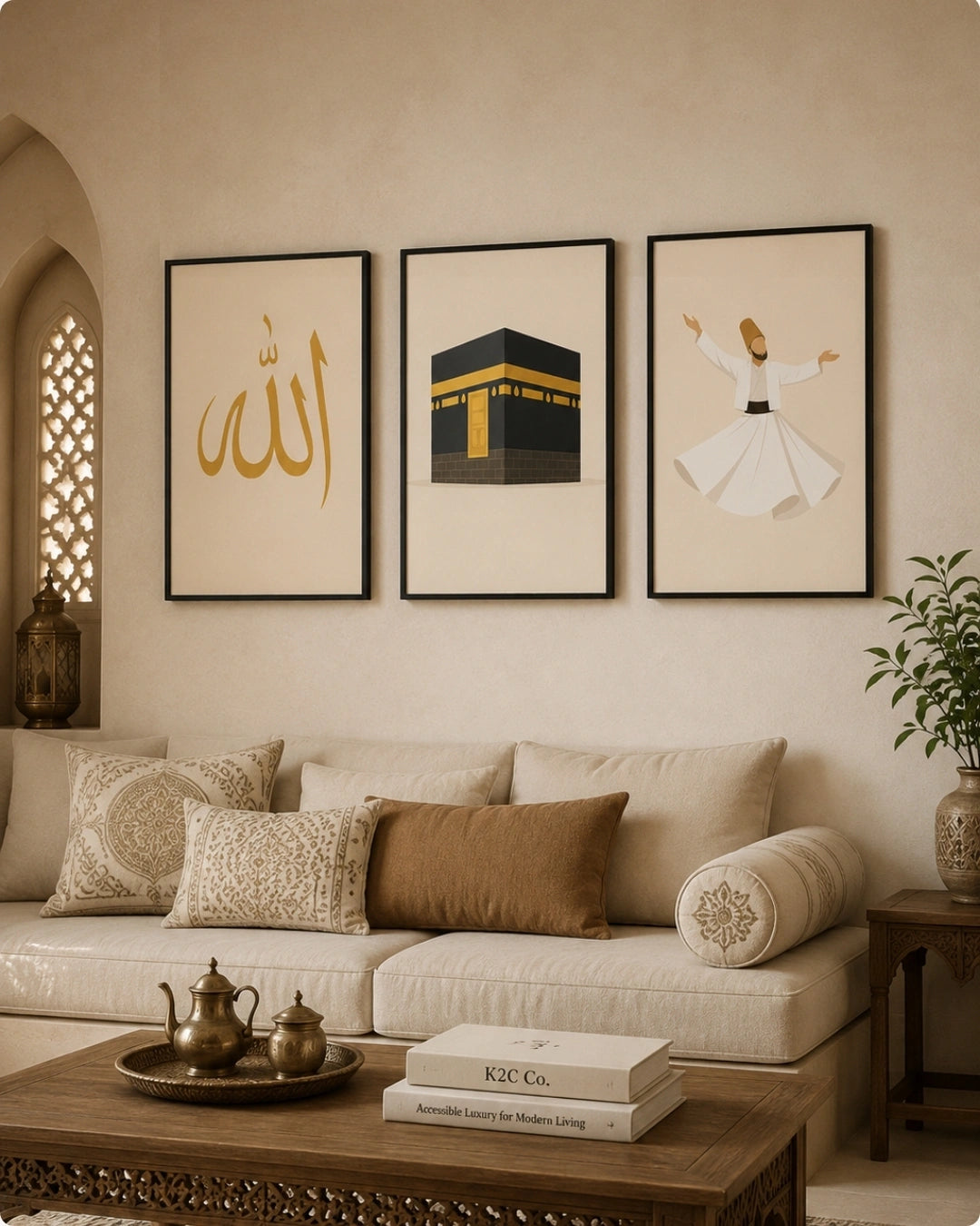 Three framed Islamic wall art prints hang above a beige sofa in a styled living room. The left print shows gold Arabic calligraphy on cream, the center print shows the Kaaba in black and gold, and the right print shows a white prayer garment with gold details.