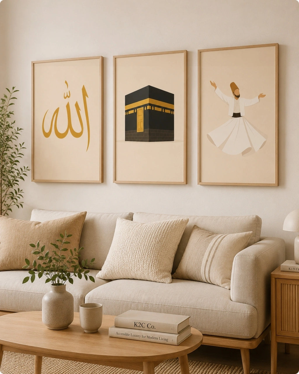 Three framed Islamic wall art prints hang above a beige sofa in a styled living room. The left print shows gold Arabic calligraphy on a cream background, the center print depicts the Kaaba in black and gold, and the right print shows a white whirling dervish figure.