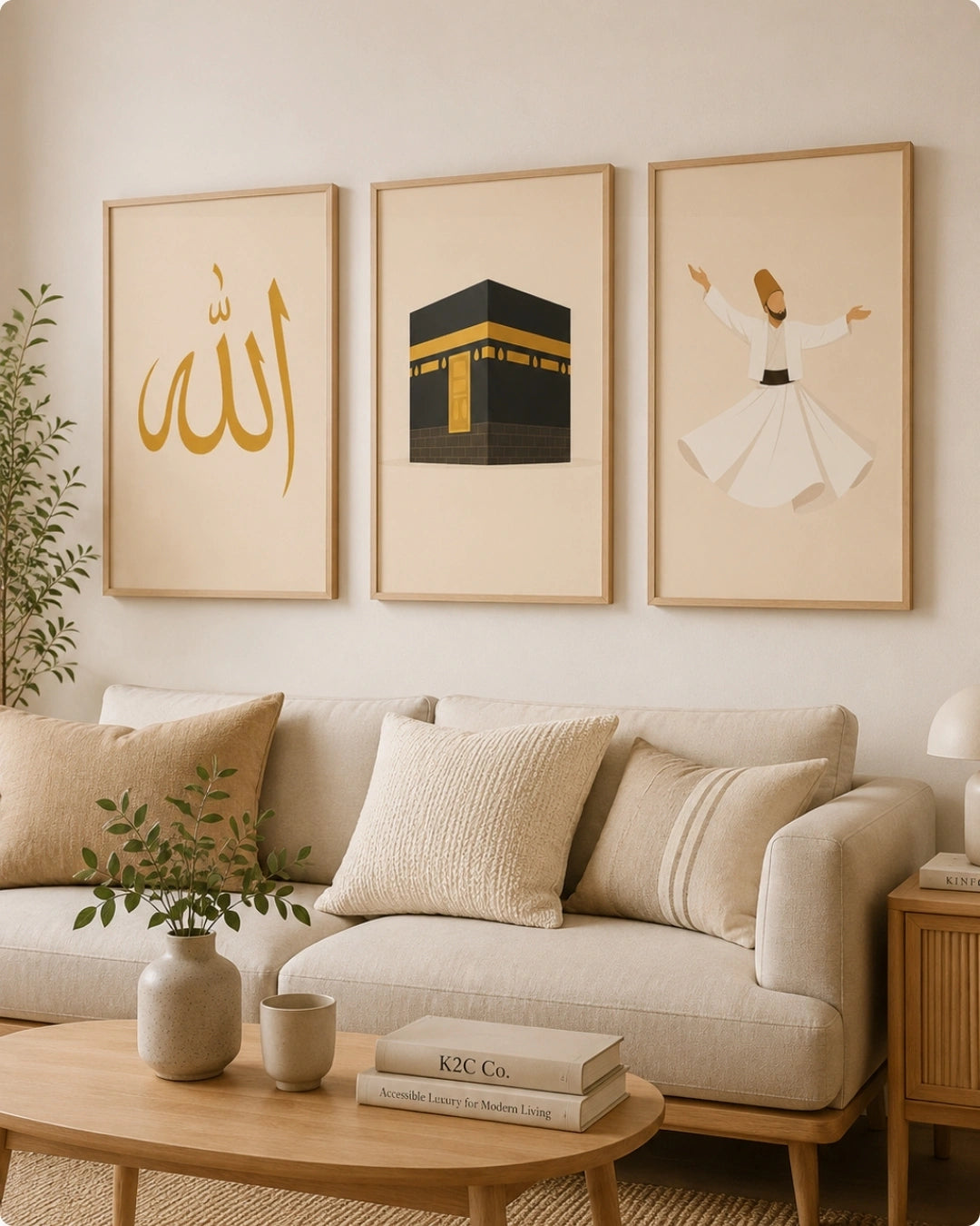 Three framed Islamic wall art prints hang above a beige sofa in a styled living room. The left print shows gold Arabic calligraphy on a cream background, the center print depicts the Kaaba in black and gold, and the right print shows a white whirling dervish figure.