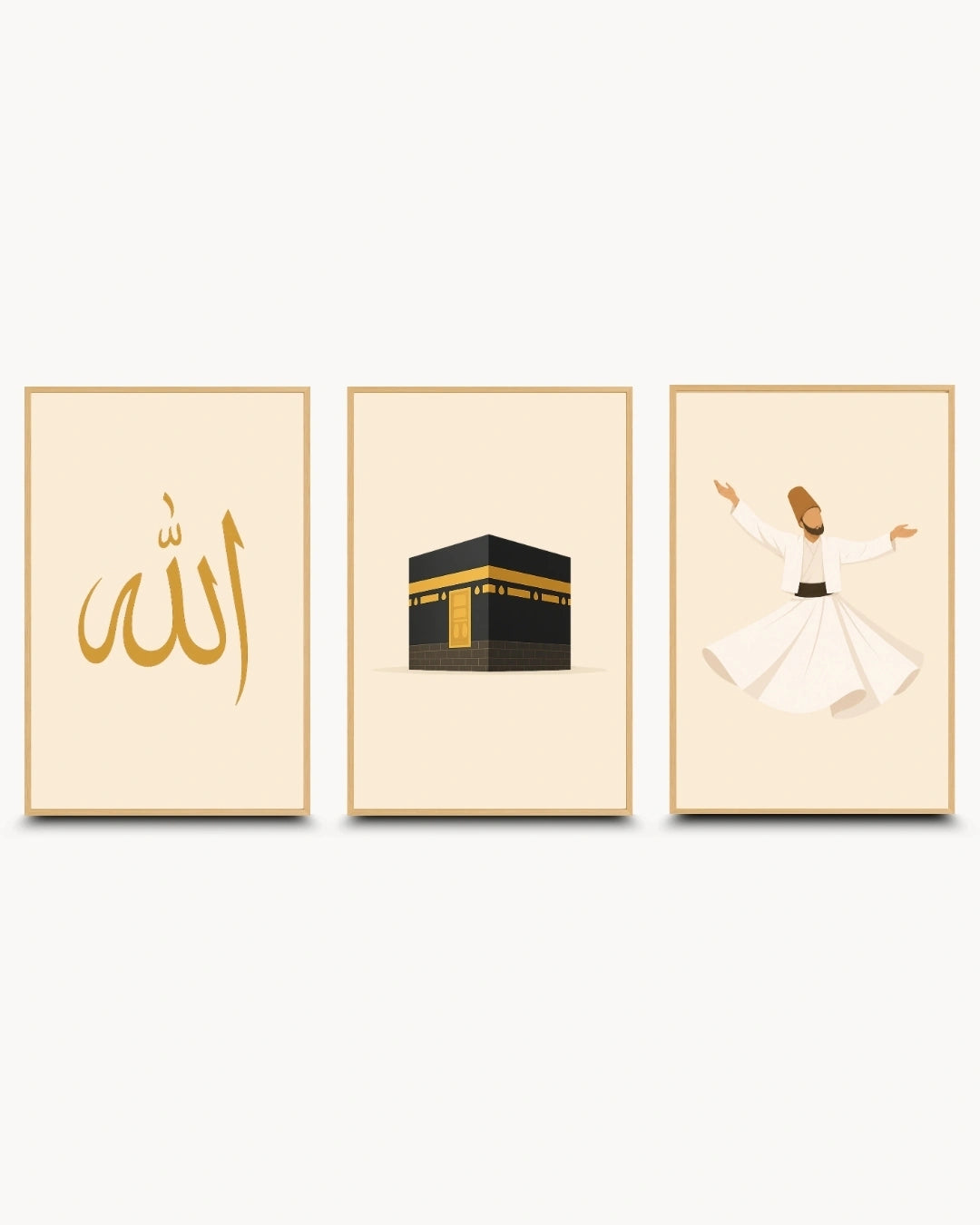 Minimalist illustration set of 3 featuring Allah calligraphy the Kaaba and a Whirling Dervish presented as modern framed wall art pieces in light maple wood frames.