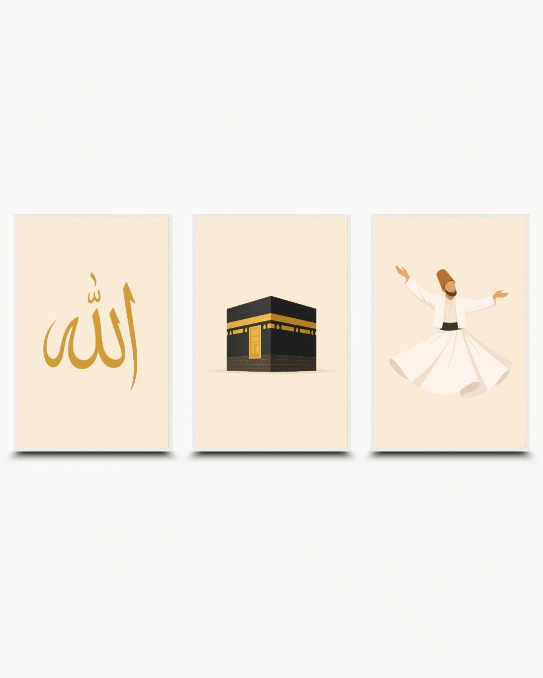 Minimalist illustration set of 3 featuring Allah calligraphy the Kaaba and a Whirling Dervish presented as modern framed wall art pieces in clean moon white frames.