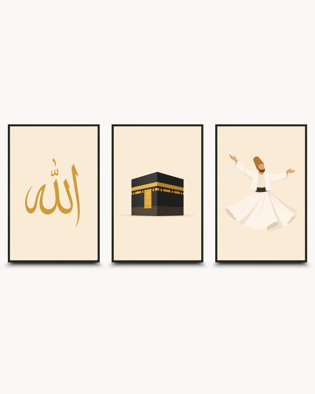 Minimalist illustration set of 3 featuring Allah calligraphy the Kaaba and a Whirling Dervish presented as modern framed wall art pieces in sleek noir black frames.