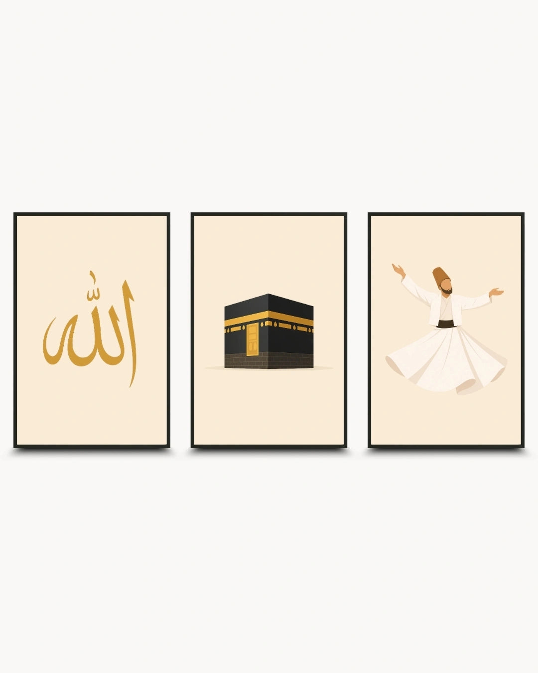 Minimalist illustration set of 3 featuring Allah calligraphy the Kaaba and a Whirling Dervish presented as modern framed wall art pieces in sleek noir black frames.