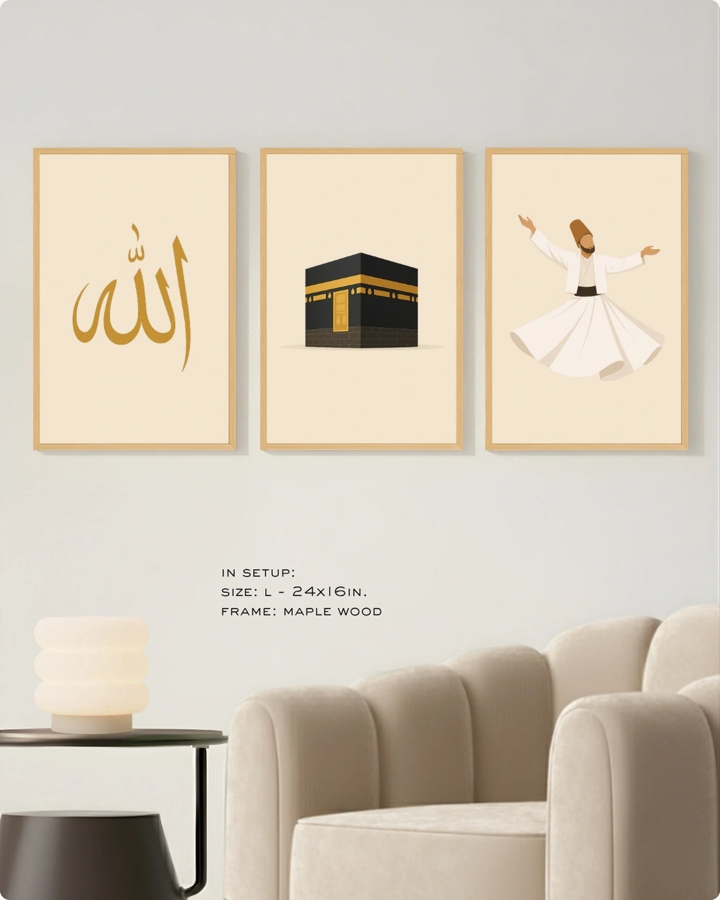 Three framed Islamic wall art prints displayed on a light gray wall above a beige armchair and side table. The left print shows gold Arabic calligraphy on a cream background, the center print shows the Kaaba in black and gold, and the right print shows a white whirling dervish figure.