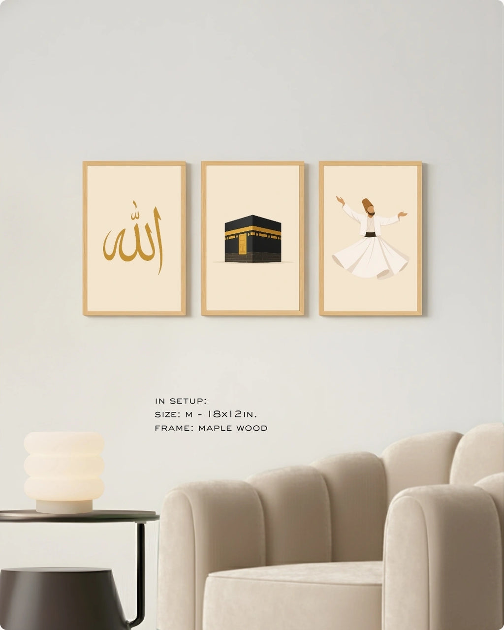 Three framed Islamic wall art prints displayed on a light gray wall above a beige armchair. The left print shows gold Arabic calligraphy, the center print shows the Kaaba, and the right print shows a whirling dervish.