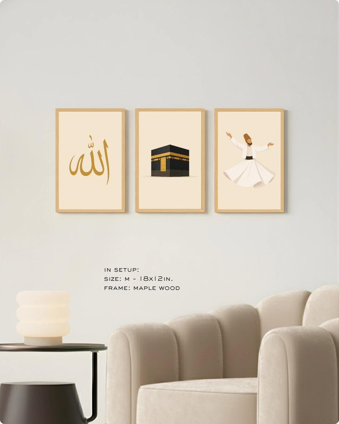 Three framed Islamic wall art prints displayed on a light gray wall above a beige armchair. The left print shows gold Arabic calligraphy, the center print shows the Kaaba, and the right print shows a whirling dervish.