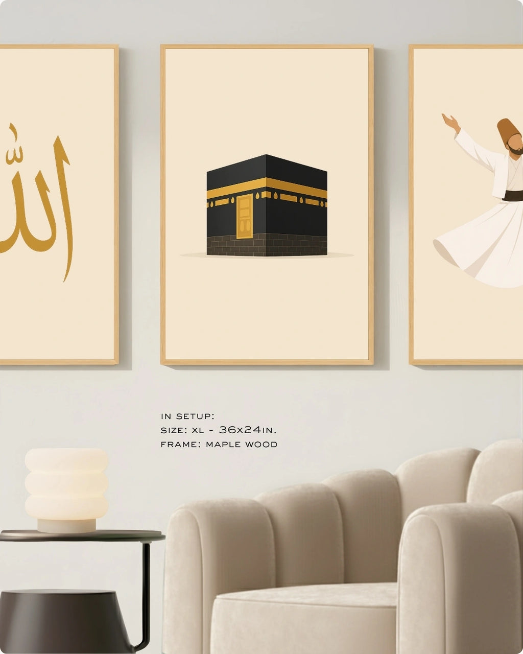 Three framed Islamic wall art prints displayed above a beige armchair in a modern living room setting. The center print shows the Kaaba in black and gold, flanked by two prints featuring gold Arabic calligraphy and a white-robed figure.