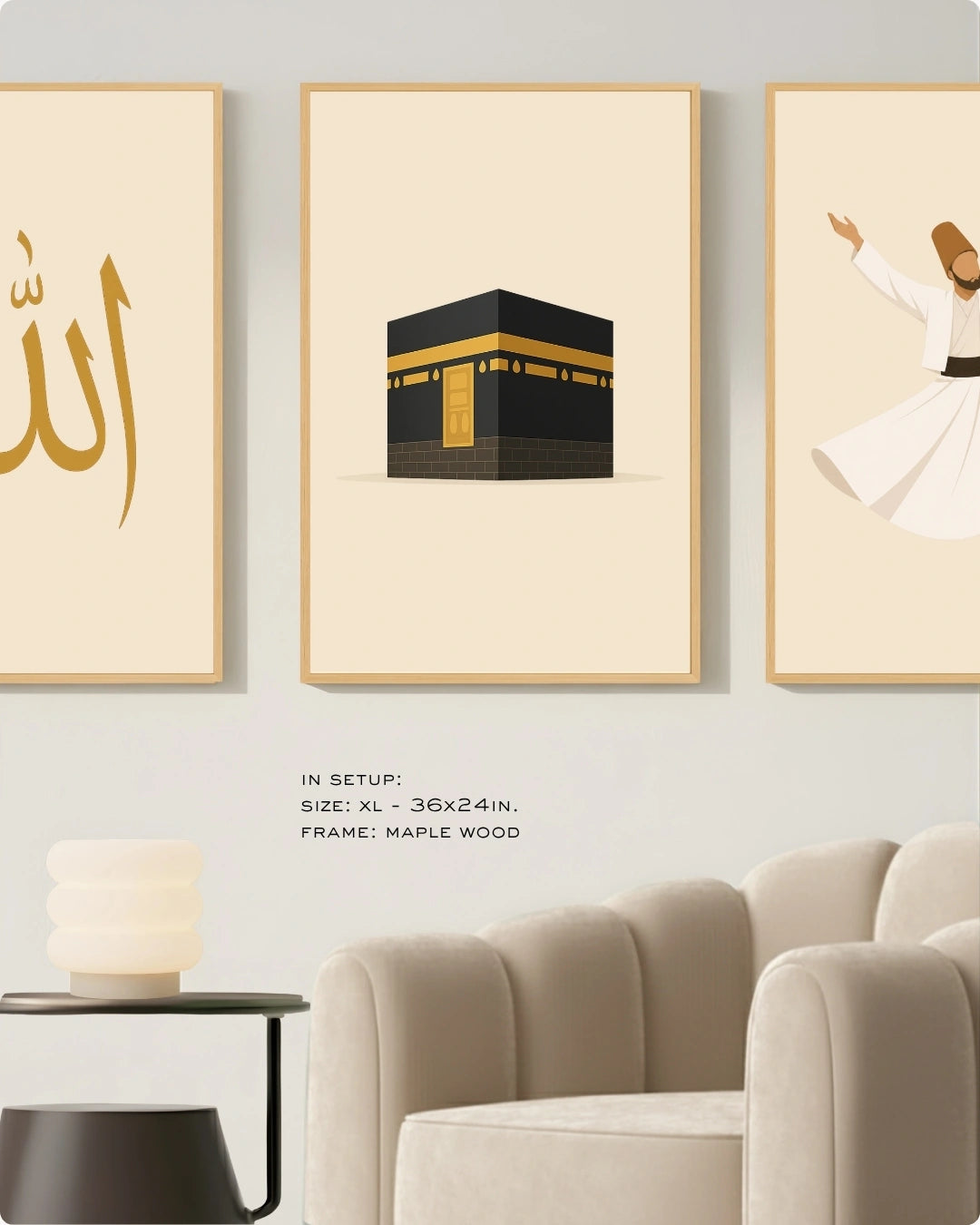 Three framed Islamic wall art prints displayed above a beige armchair in a modern living room setting. The center print shows the Kaaba in black and gold, flanked by two prints featuring gold Arabic calligraphy and a white-robed figure.