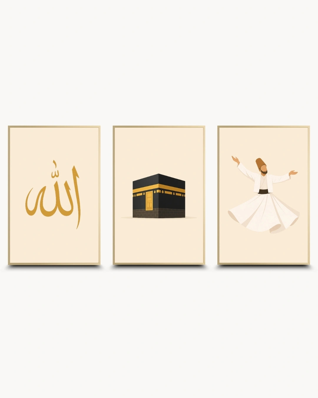 Minimalist illustration set of 3 featuring Allah calligraphy the Kaaba and a Whirling Dervish presented as modern framed wall art pieces in elegant satin gold frames.