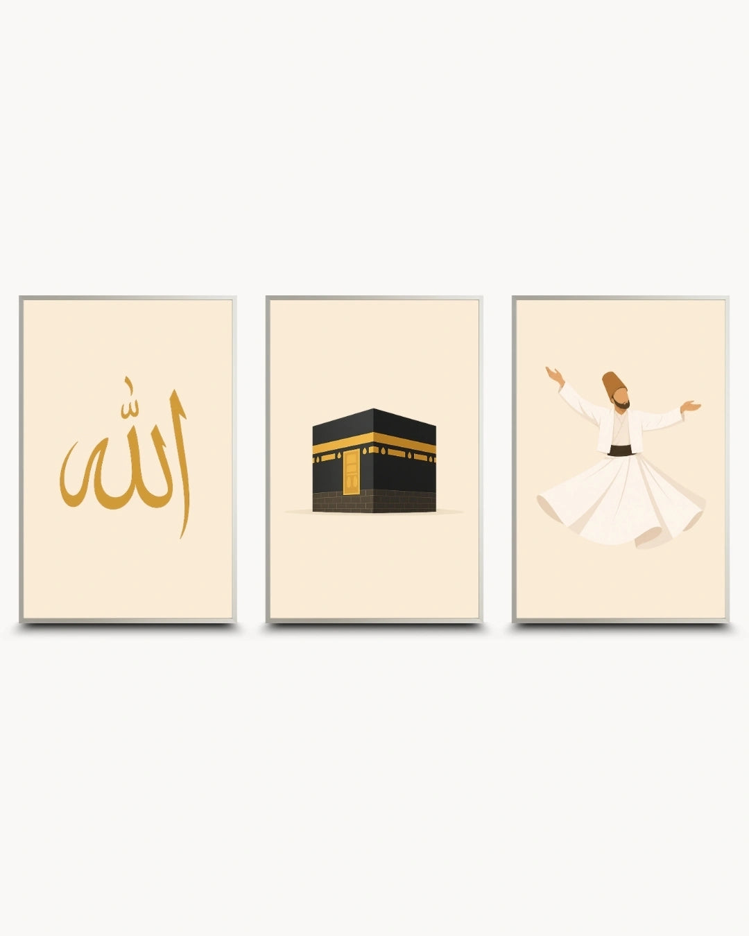 Minimalist illustration set of 3 featuring Allah calligraphy the Kaaba and a Whirling Dervish presented as modern framed wall art pieces in modern satin silver frames.