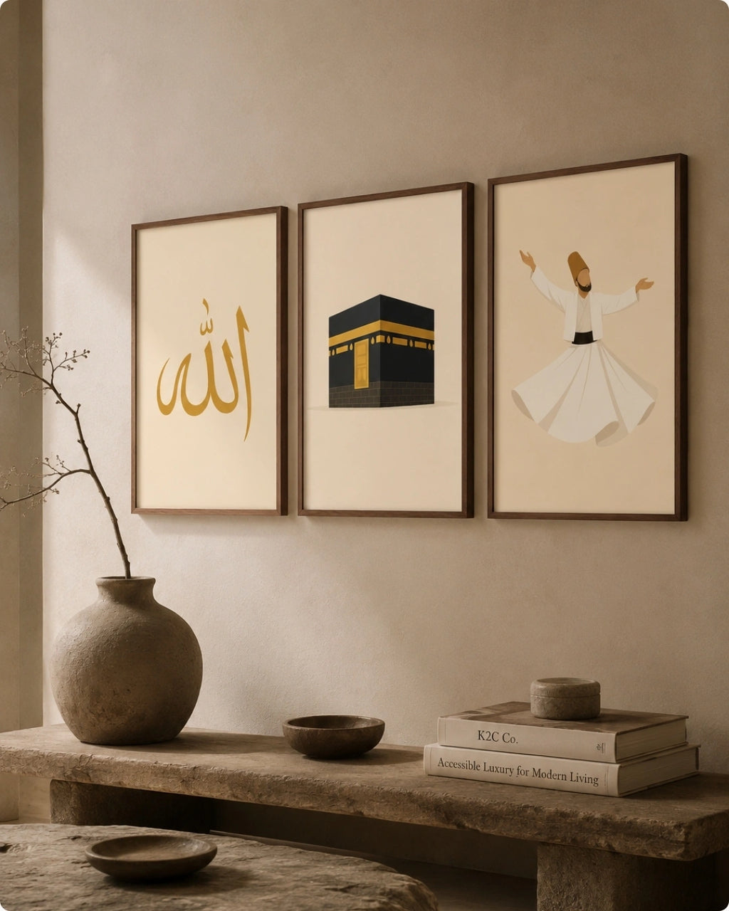 Three framed Islamic wall art prints hang on a beige wall above a stone shelf. The left print shows gold Arabic calligraphy, the center shows the Kaaba, and the right shows a whirling dervish in a white robe.