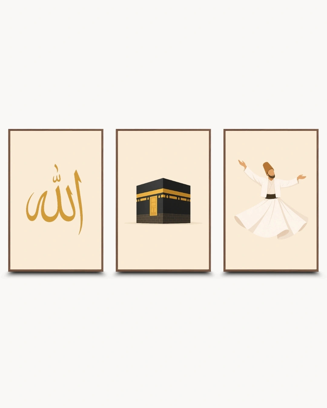 Minimalist illustration set of 3 featuring Allah calligraphy the Kaaba and a Whirling Dervish presented as modern framed wall art pieces in rich walnut wood frames.