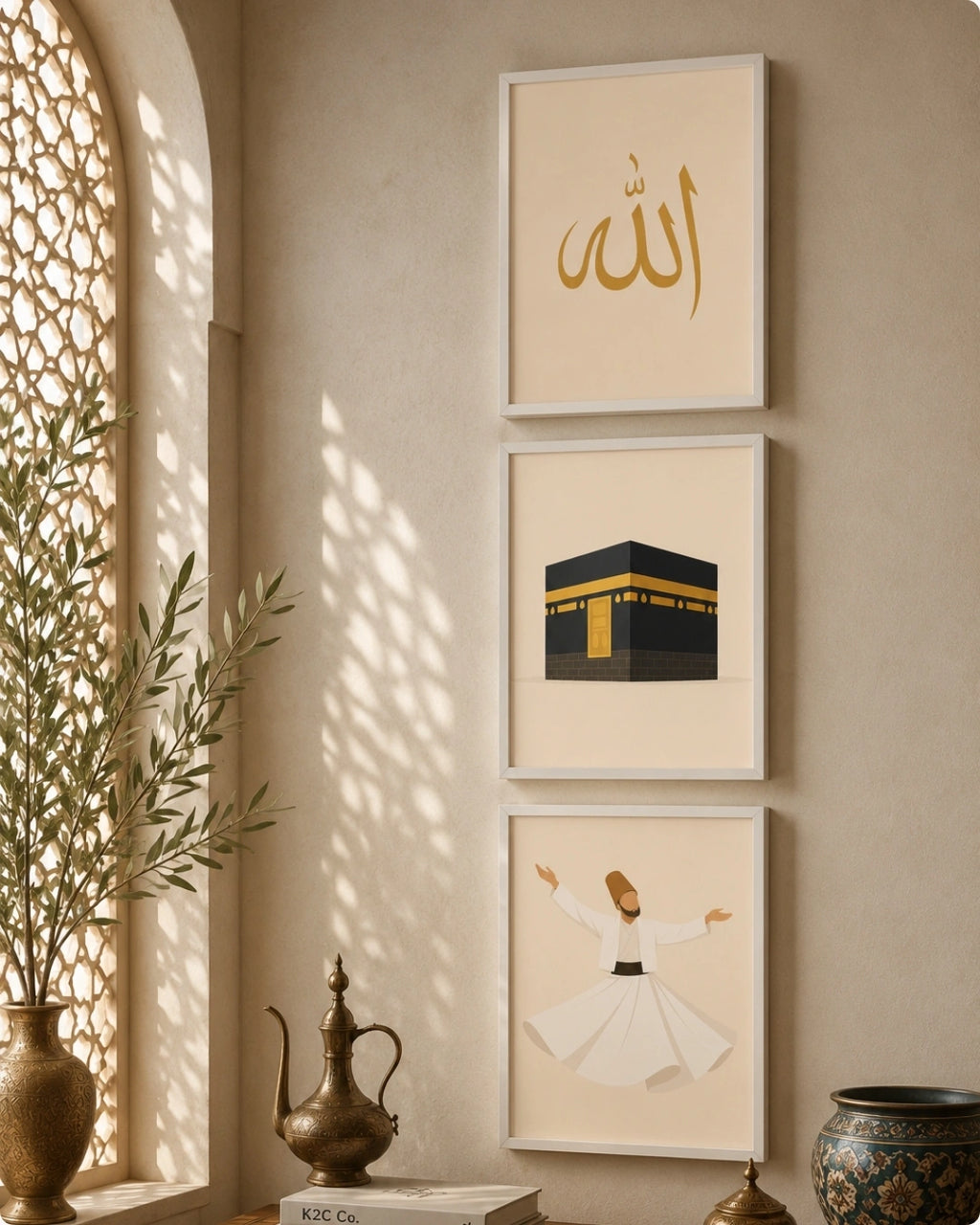 Three framed Islamic wall art prints hanging vertically on a beige wall in a sunlit room. The top print shows gold Arabic calligraphy on a cream background, the middle print depicts the Kaaba in black and gold, and the bottom print shows a dancer in a white robe.