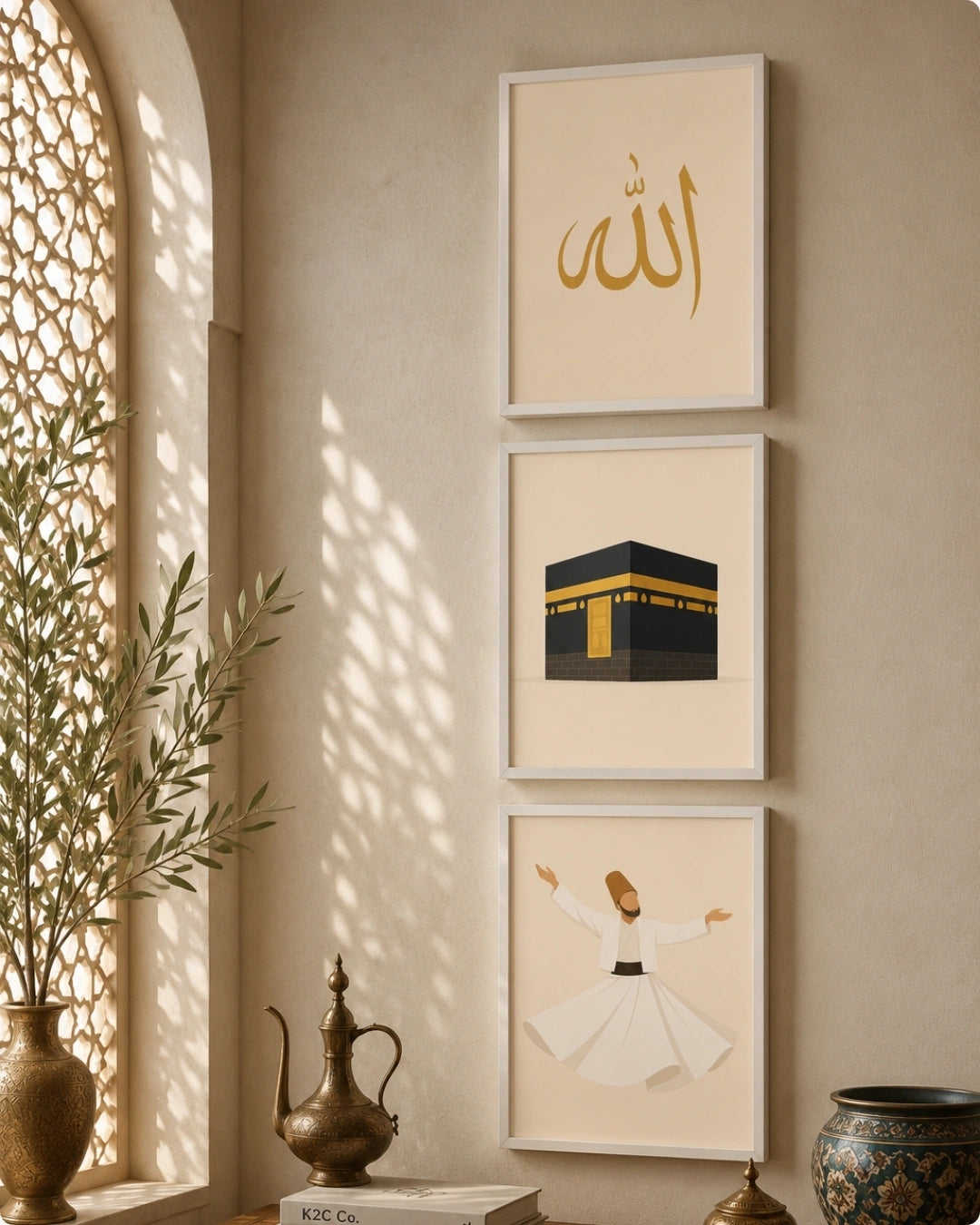 Three framed Islamic wall art prints hanging vertically on a beige wall in a sunlit room. The top print shows gold Arabic calligraphy on a cream background, the middle print depicts the Kaaba in black and gold, and the bottom print shows a dancer in a white robe.