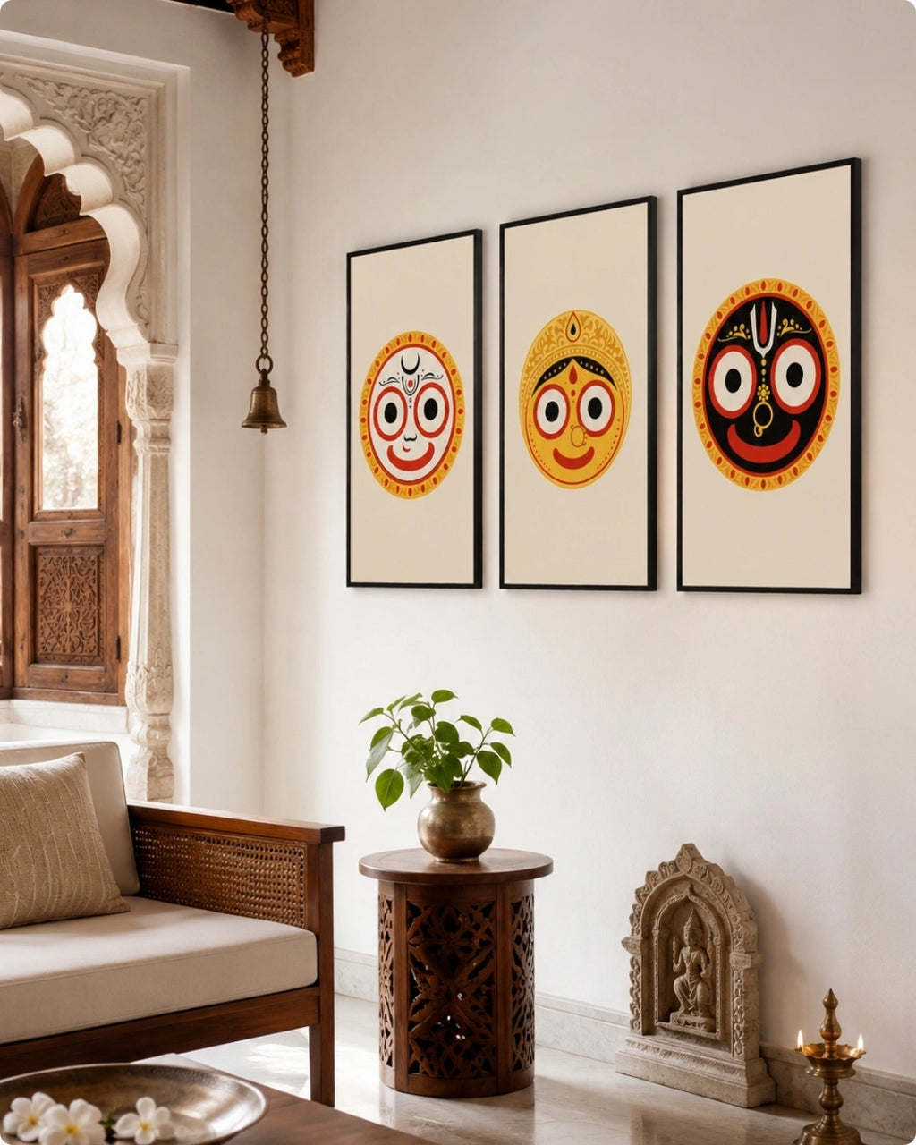 Lifestyle interior mockup of the Jagannath Triad 3-piece wall art set in sleek black frames, hung in a sunlit arched hallway adorned with traditional wooden furniture and greenery.