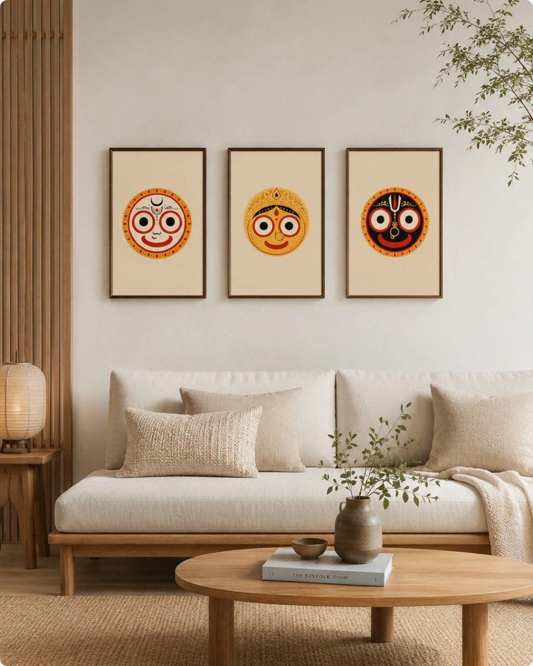 Lifestyle mockup of the Jagannath Triad 3-piece wall art set in maple wood frames, styled above a minimalist light wood sofa in a bright Japandi living room.