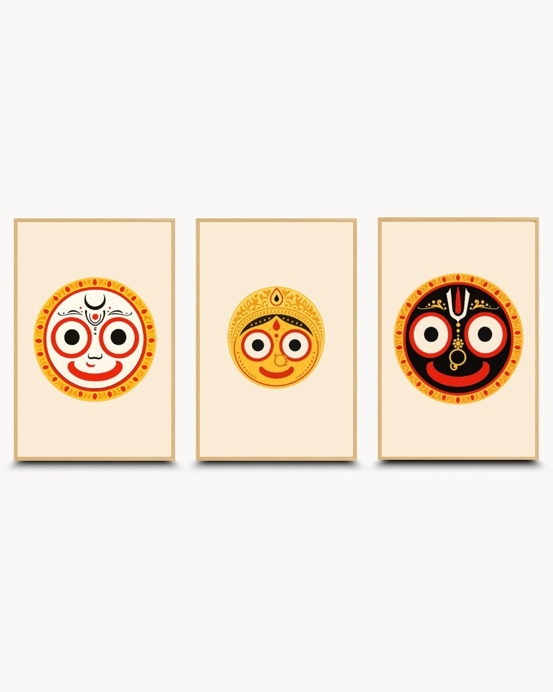 Minimalist illustration set of 3 featuring the Hindu deities Lord Balabhadra, Goddess Subhadra, and Lord Jagannath, presented as modern framed wall art pieces in light maple wood frames.