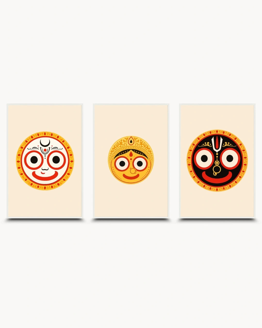 Minimalist illustration set of 3 featuring the Hindu deities Lord Balabhadra, Goddess Subhadra, and Lord Jagannath, presented as modern framed wall art pieces in clean moon white frames.