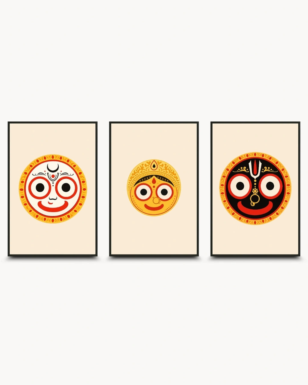 Minimalist illustration set of 3 featuring the Hindu deities Lord Balabhadra, Goddess Subhadra, and Lord Jagannath, presented as modern framed wall art pieces in sleek noir black frames.