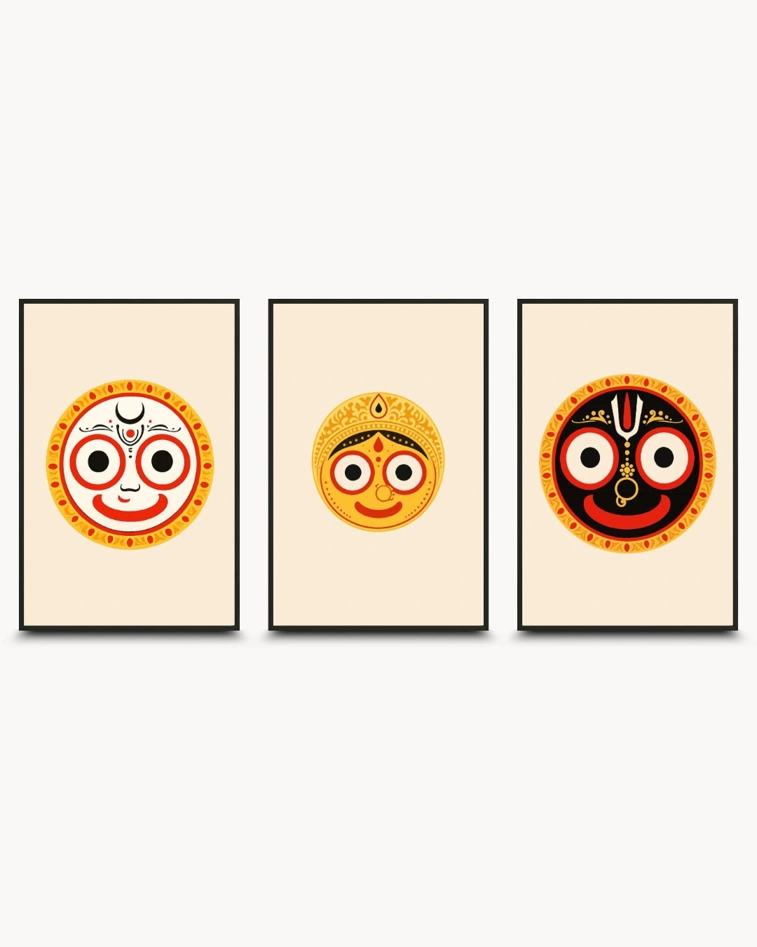 Minimalist illustration set of 3 featuring the Hindu deities Lord Balabhadra, Goddess Subhadra, and Lord Jagannath, presented as modern framed wall art pieces in sleek noir black frames.