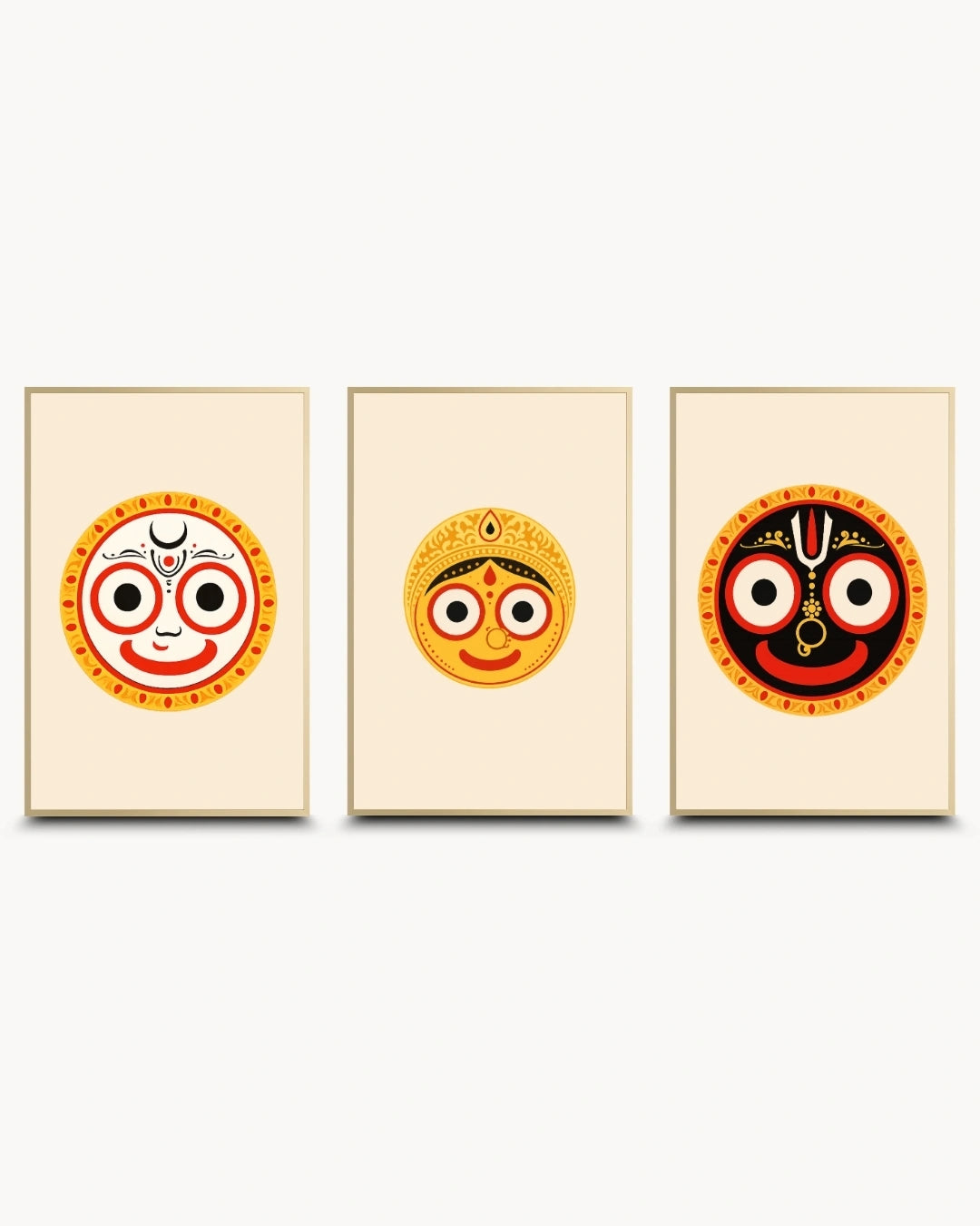 Minimalist illustration set of 3 featuring the Hindu deities Lord Balabhadra, Goddess Subhadra, and Lord Jagannath, presented as modern framed wall art pieces in elegant satin gold frames.