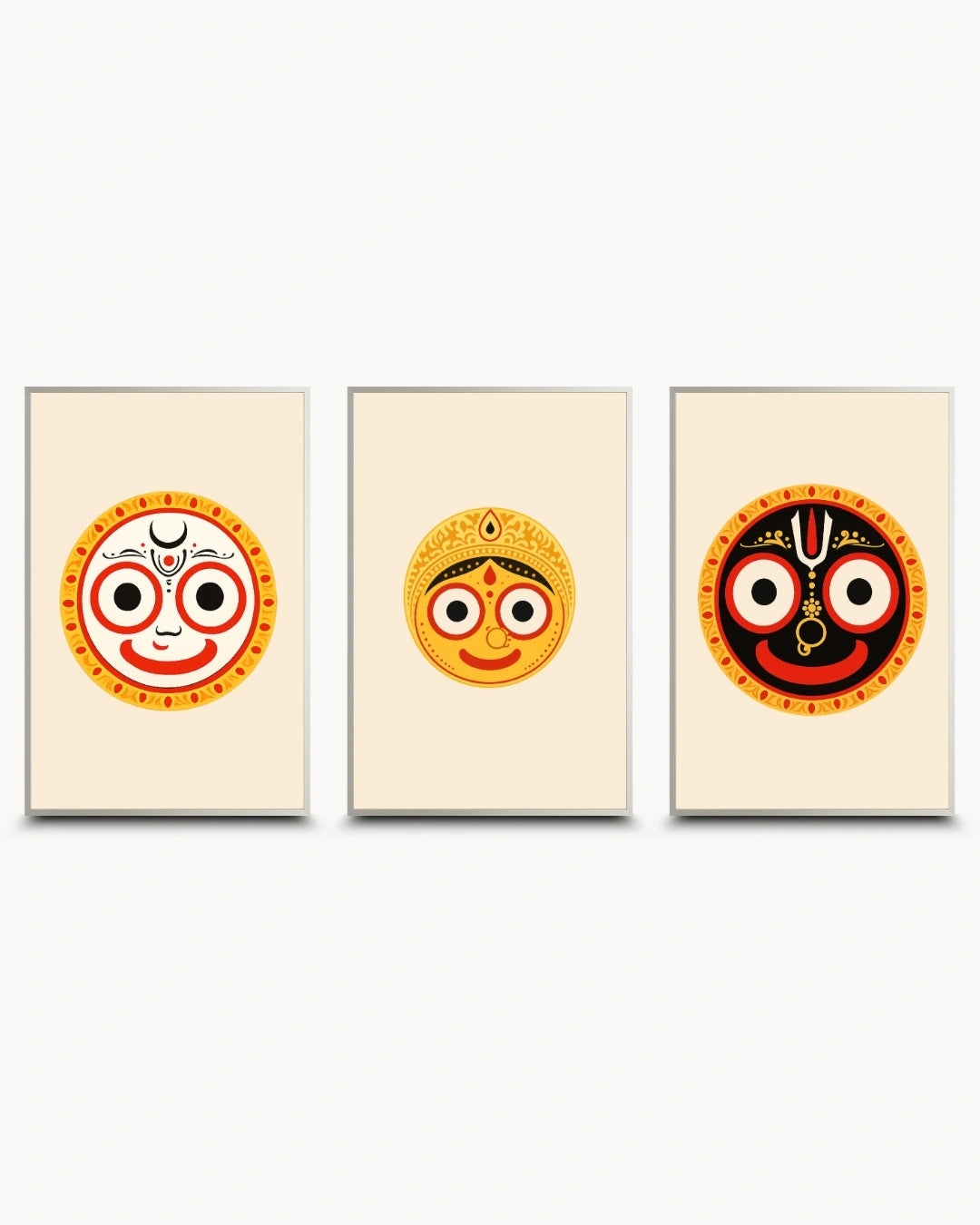 Minimalist illustration set of 3 featuring the Hindu deities Lord Balabhadra, Goddess Subhadra, and Lord Jagannath, presented as modern framed wall art pieces in modern satin silver frames.