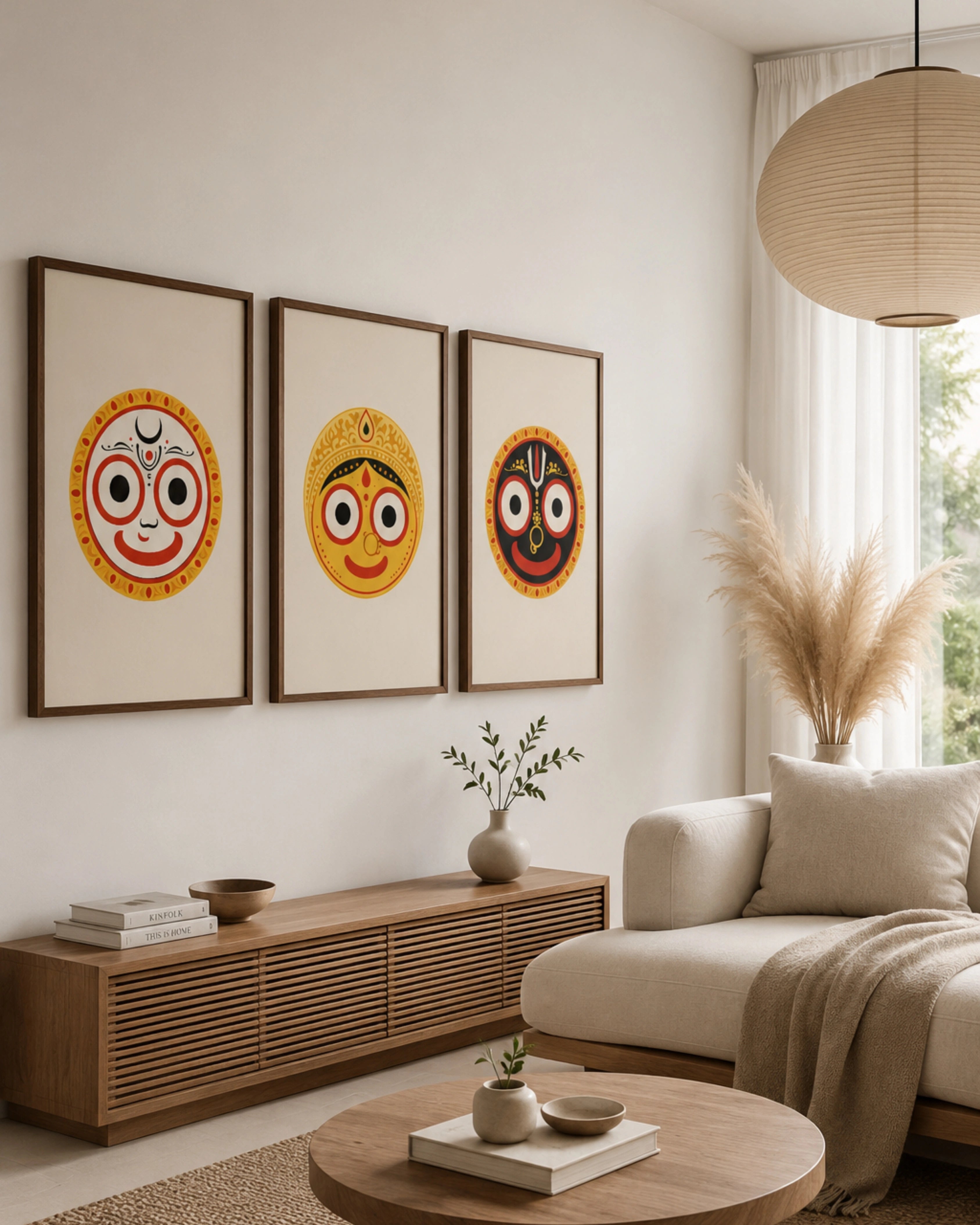 Lifestyle mockup of the Jagannath Triad 3-piece wall art set in rich walnut wood frames, styled perfectly aligned above a fluted wooden console in a contemporary lounge space.