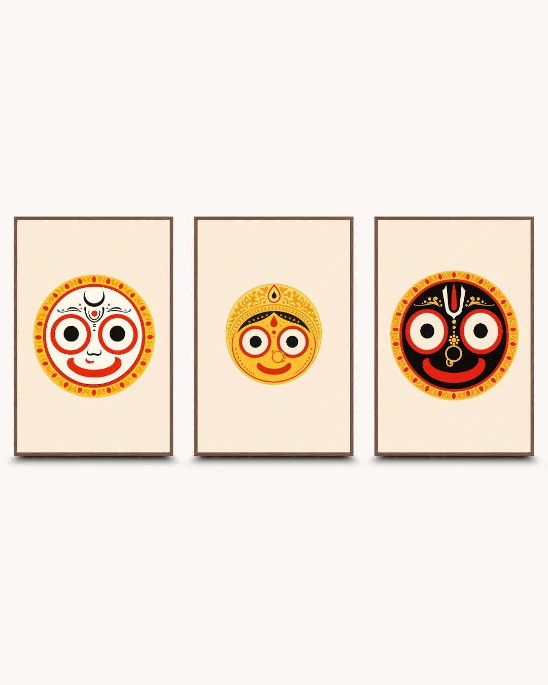 Minimalist illustration set of 3 featuring the Hindu deities Lord Balabhadra, Goddess Subhadra, and Lord Jagannath, presented as modern framed wall art pieces in rich walnut wood frames.