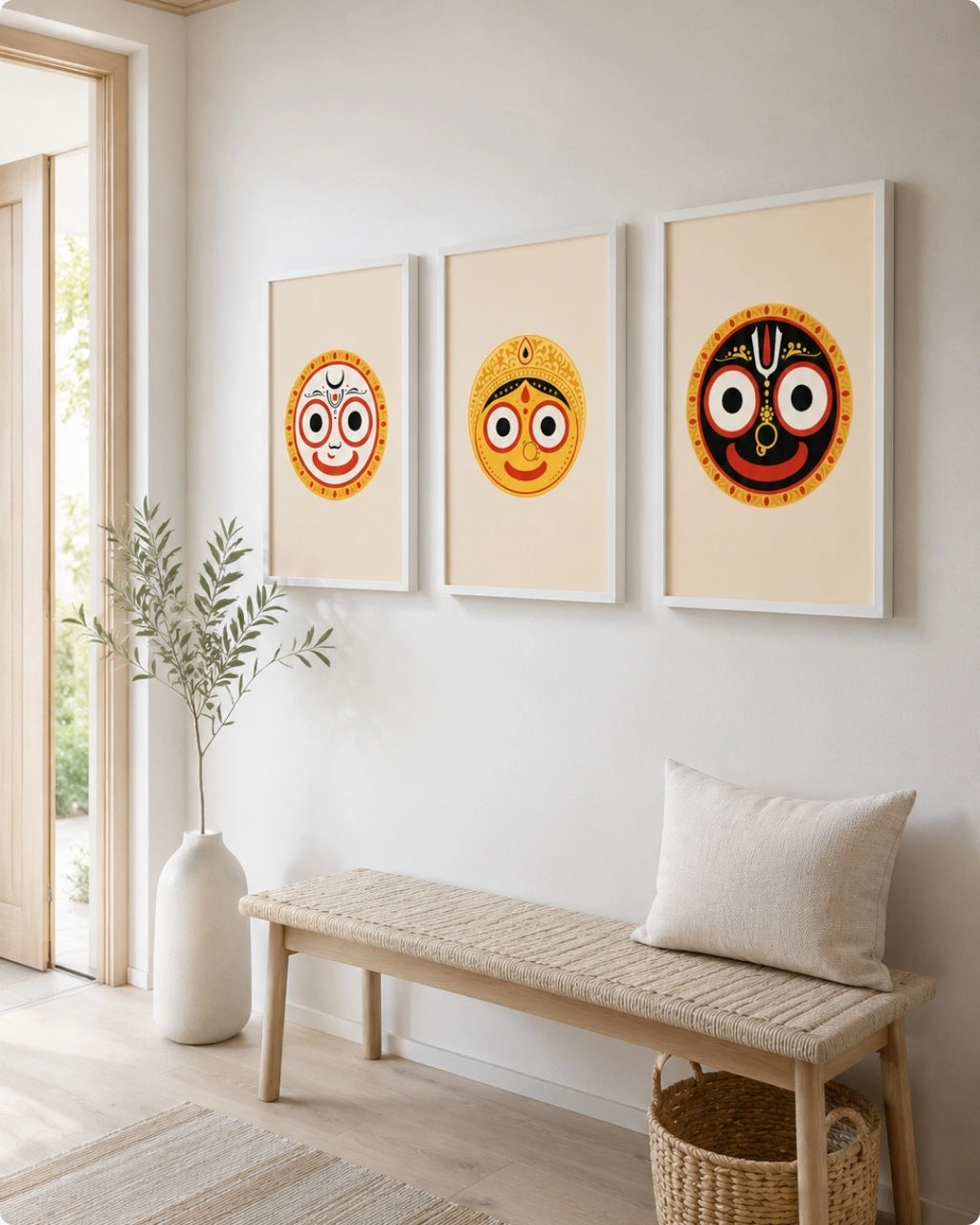 Lifestyle mockup of the Jagannath Triad 3-piece wall art set in clean white frames, displayed over a simple woven wooden bench in a bright, modern entryway.