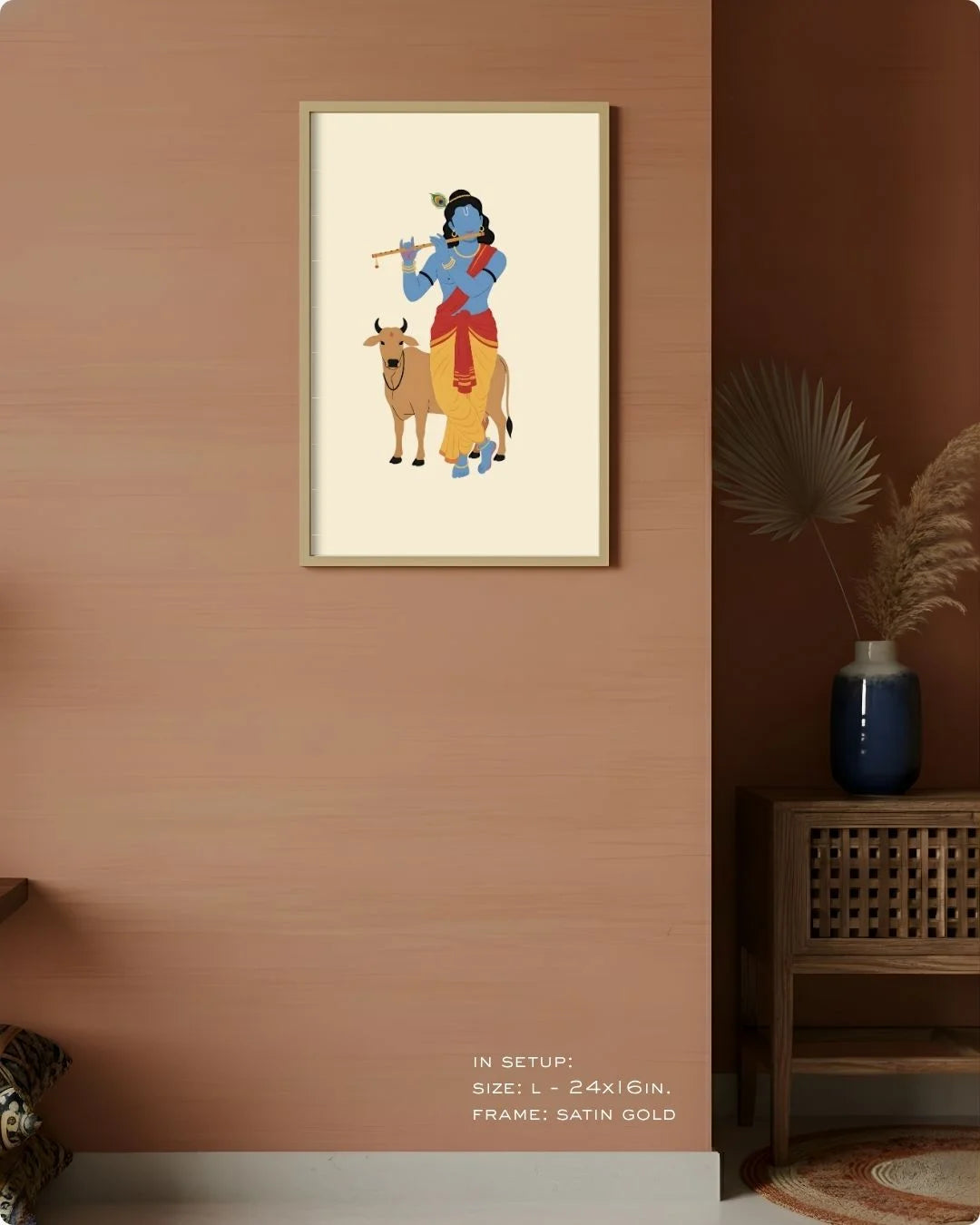 Large (Size L - 24x16in) Lord Krishna minimalist art in a Satin Gold frame, showing the ideal scale for standard living room walls.