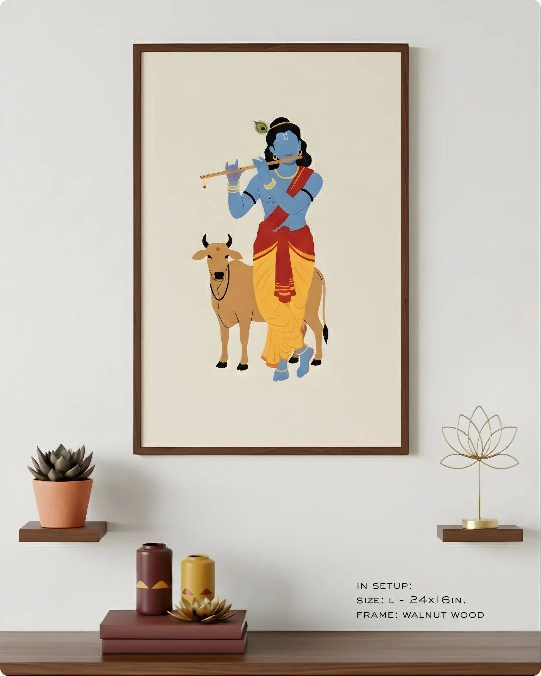 Lord Krishna flat art in a Walnut Wood frame, styled on a minimalist shelf with a succulent and gold lotus ornament.