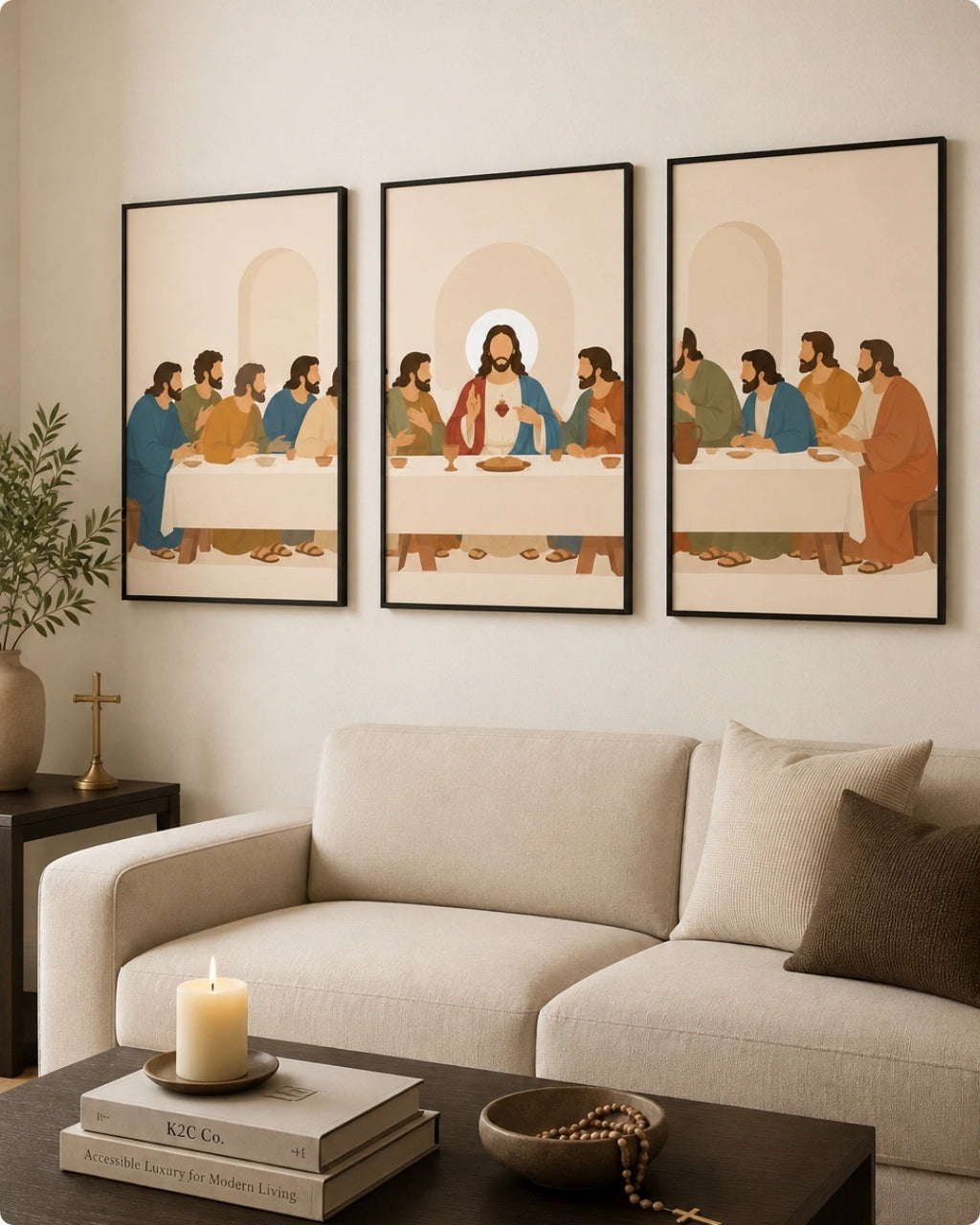 A three-panel framed wall art set depicting a stylized Last Supper scene, displayed above a light beige sofa in a modern living room setting.