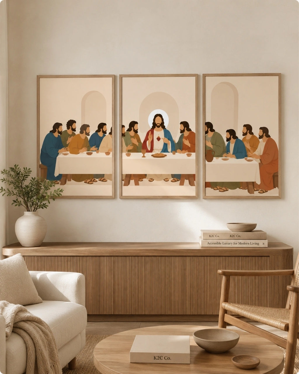 A three-panel framed wall art set depicting a stylized Last Supper scene, displayed above a wooden console in a modern living room with a sofa, chair, and round coffee table.