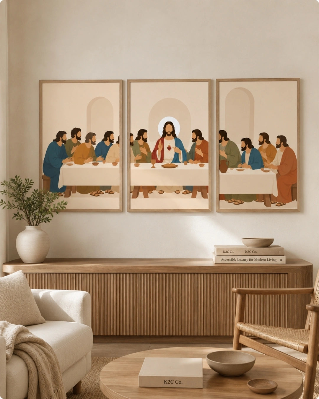 A three-panel framed wall art set depicting a stylized Last Supper scene, displayed above a wooden console in a modern living room with a sofa, chair, and round coffee table.