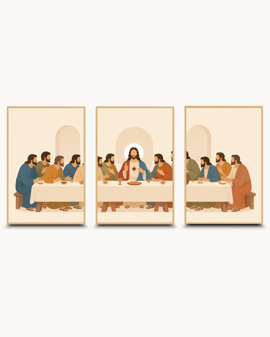A three-panel framed wall art set depicting a stylized version of the Last Supper, shown against a plain light gray background.
