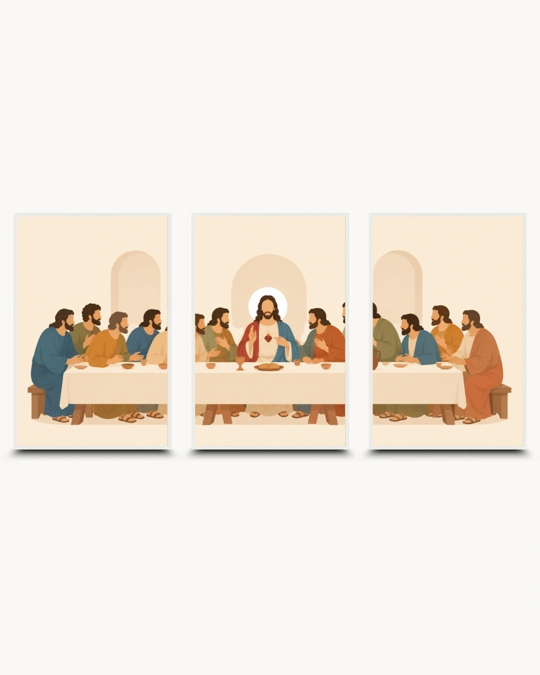 A three-panel canvas wall art set depicting a stylized, minimalist version of the Last Supper. The artwork features Jesus in a red and white robe seated at a table with his disciples, rendered in warm earth tones against a cream background.